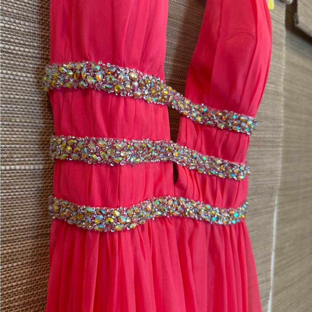 Elegant Coral Pink Backless Rhinestone Evening Gown - Picture 12 of 13